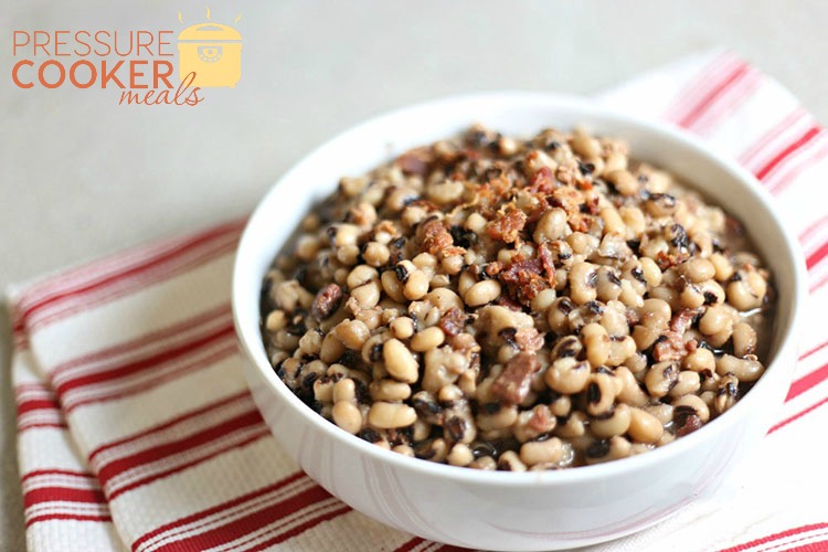 White bowl of Instant Pot Black Eyed Peas with Bacon for New Years