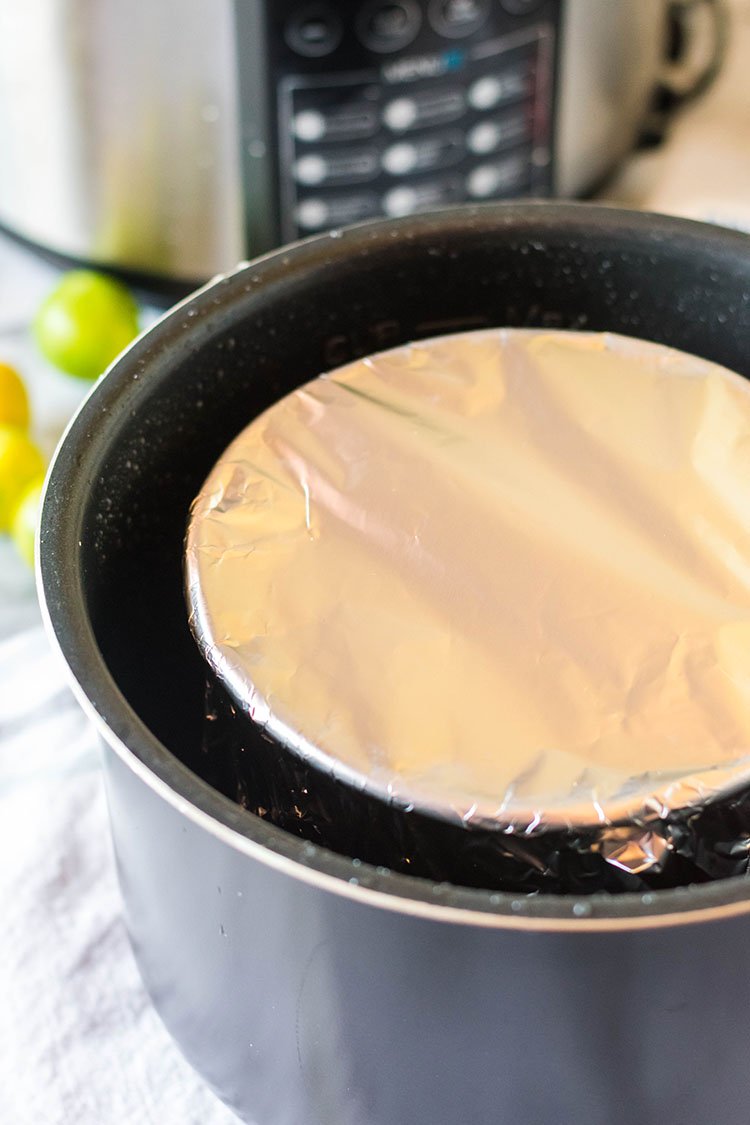 Instant Pot Key Lime Cheesecakek in pan in pressure cooker