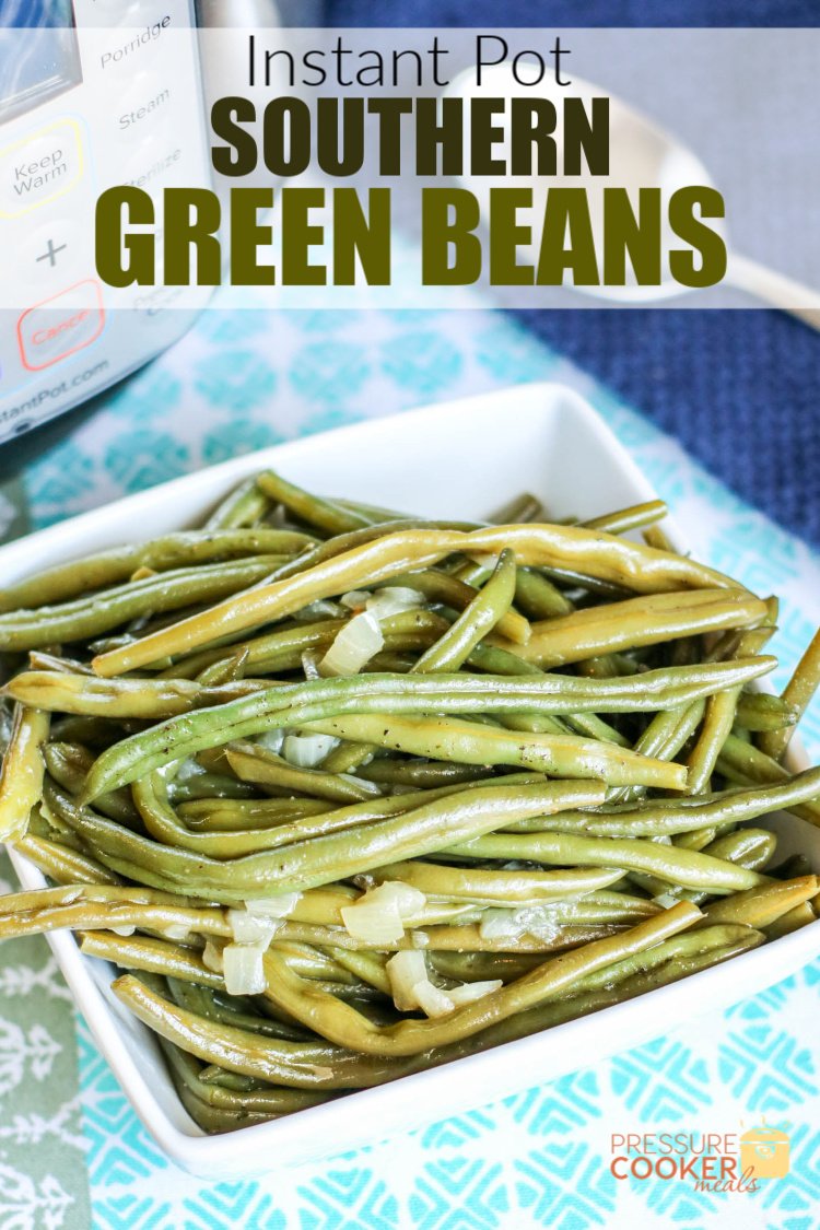 Instant Pot Southern Green Beans with bacon and onion in a white bowl on a blue placemat